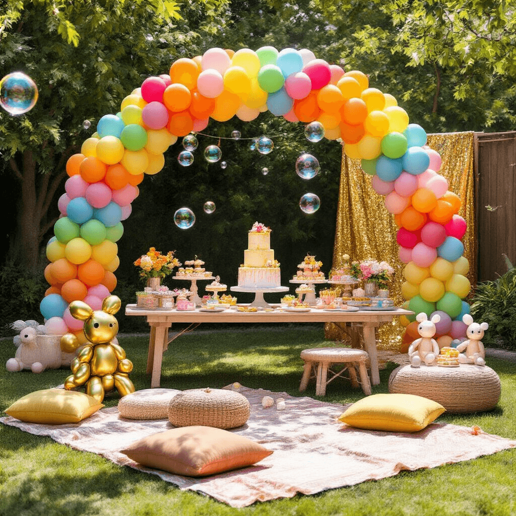 Gold Balloons: The Ultimate Party Decoration Guide A cheerful children's birthday party in a sunny backyard featuring a vibrant rainbow balloon arch, a dessert table with colorful treats and a gold balloon cake, cozy seating areas with picnic blankets and cushions, playful metallic gold balloon animals, a bubble machine, and a sparkling gold sequin photo booth backdrop.