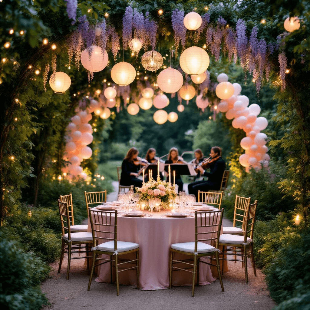 Ultimate Guide to Birthday Balloons: Transform Your Celebration with Colorful Style A romantic garden party at dusk featuring twinkling fairy lights, paper lanterns, and a circular table draped in blush linen, surrounded by gold chiavari chairs. A floral chandelier and floating clear balloons adorn the scene, with tall candles illuminating vintage china and etched glassware, while a string quartet plays beneath pastel balloons and wisteria.