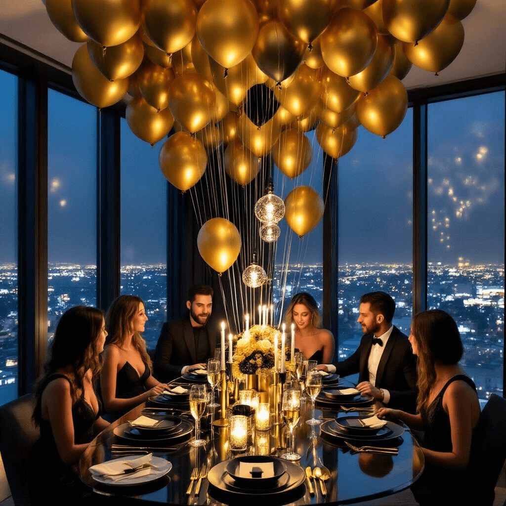 Gold Balloons: The Ultimate Party Decoration Guide An elegant New Year's Eve dinner party in a chic city apartment features a glass dining table with black and gold accents, surrounded by guests. Floor-to-ceiling windows reveal a sparkling city skyline, while gold balloons cascade from the ceiling like champagne bubbles. Black taper candles in gold holders illuminate stylish matte black plates and gold cutlery, and a balloon drop bag hangs above, awaiting the midnight celebration.