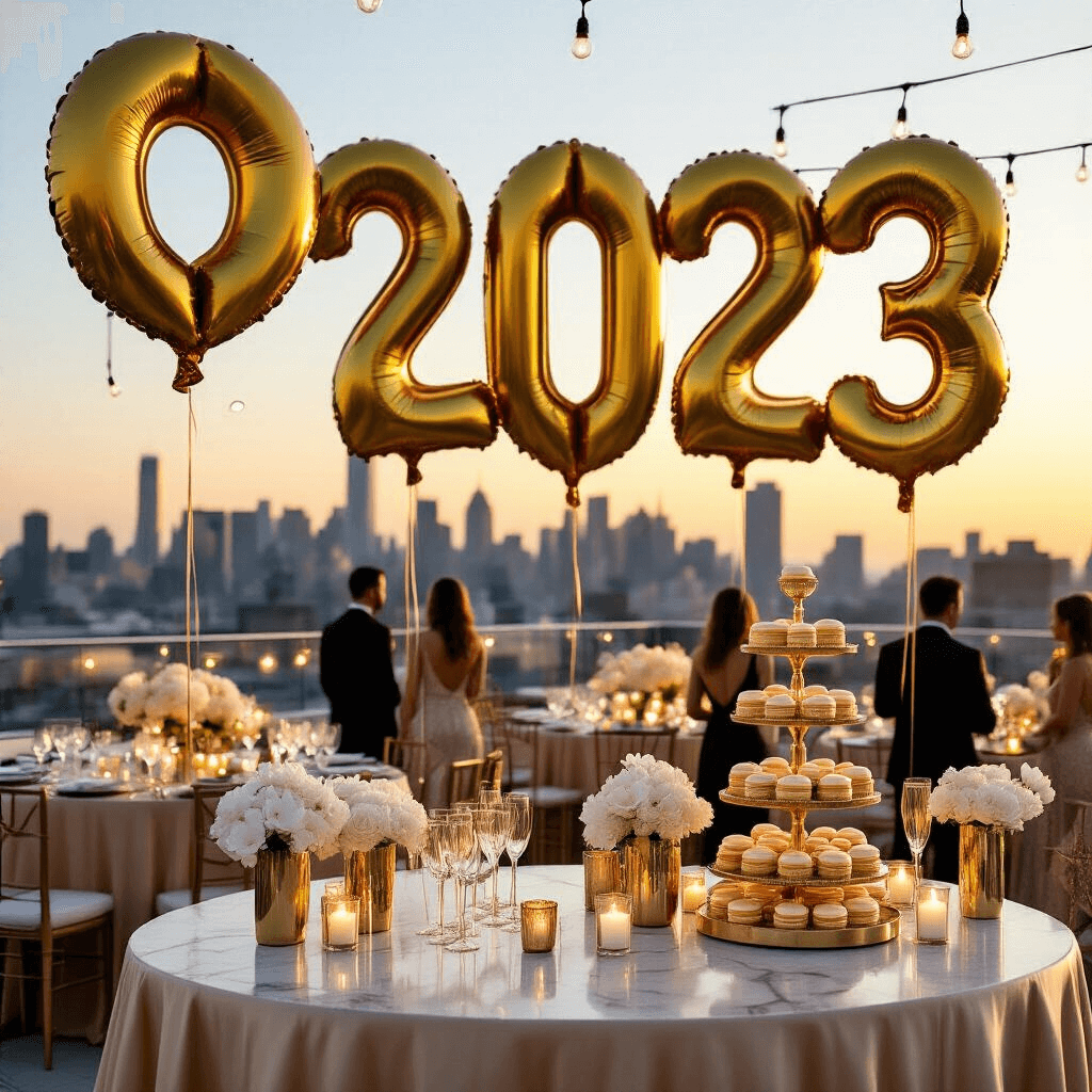 Number Balloons: The Ultimate Guide to Elevating Your Party Decor A luxurious rooftop terrace at golden hour with oversized gold number balloons spelling '2023', elegant tables with floral centerpieces, fairy lights, a marble bar with champagne flutes and gold-dusted macarons, and guests in evening wear silhouetted against the sunset.
