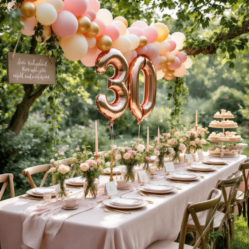Number Balloons: The Ultimate Guide to Elevating Your Party Decor A picturesque garden party scene featuring a long farmhouse table dressed in blush pink linen, adorned with vintage china, gold cutlery, and hand-calligraphed place cards. Balloon garlands in soft pinks and gold frame the table, with giant rose gold
