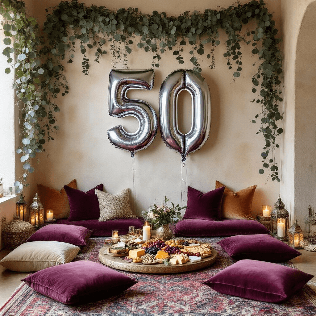 Number Balloons: The Ultimate Guide to Elevating Your Party Decor A cozy living room adorned with oversized '50' silver mylar balloons, eucalyptus garlands, plush velvet cushions, and intricate Moroccan lanterns, featuring a sumptuous grazing board and layered rugs, all captured in a warm, inviting atmosphere for an intimate birthday celebration.