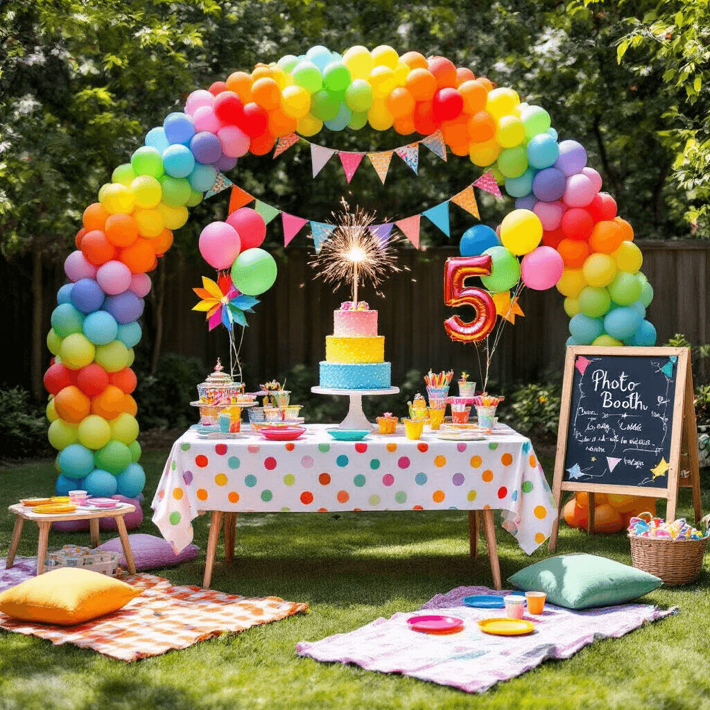 Number Balloons: The Ultimate Guide to Elevating Your Party Decor A vibrant children's birthday party in a sunlit backyard featuring a rainbow balloon arch, a polka-dot dessert table with a colorful birthday cake topped with a sparkler, cheerful number '5' balloons, picnic blankets with bright plates, a DIY photo booth, and colorful decorations including pinwheels and bunting, all captured from a slightly elevated angle.