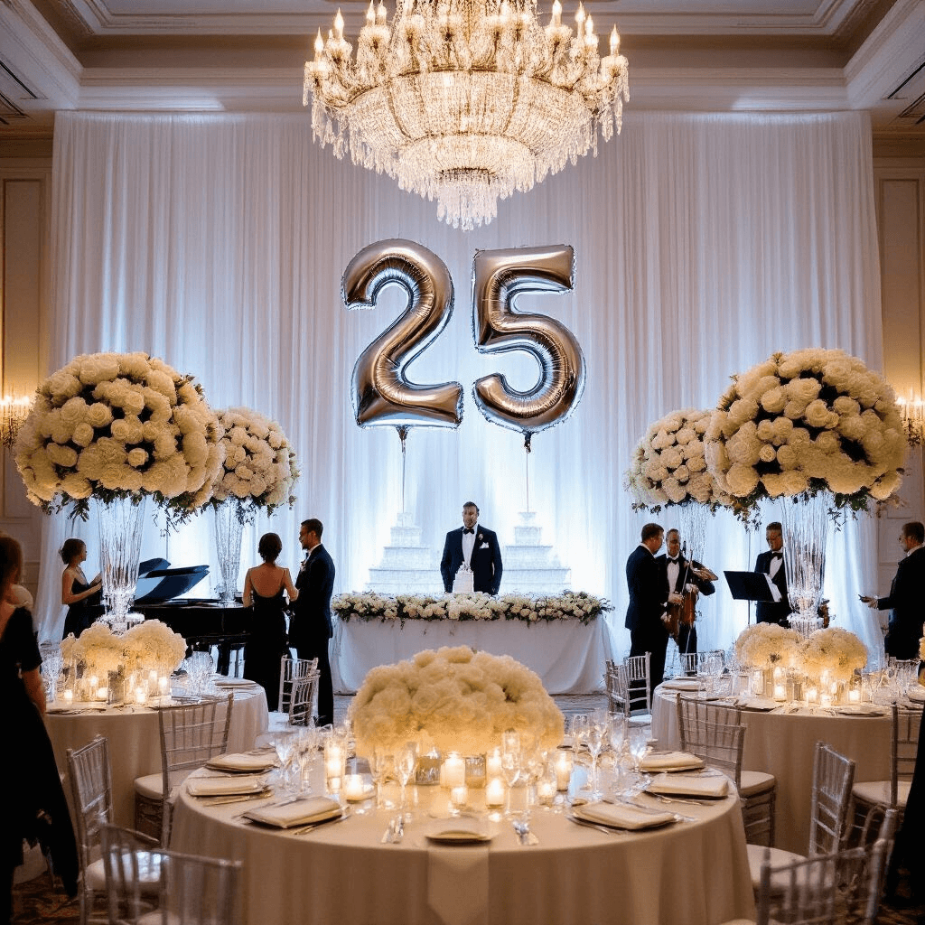 Number Balloons: The Ultimate Guide to Elevating Your Party Decor A luxurious ballroom set for a 25th wedding anniversary, featuring towering floral arrangements of white roses and hydrangeas, giant silver '25' balloons, and elegantly draped tables with mirrored centerpieces. Crystal chandeliers illuminate the scene, while guests in black-tie attire mingle near a grand piano adorned with garlands, all under a backdrop of sheer white drapes with a monogrammed light projection.