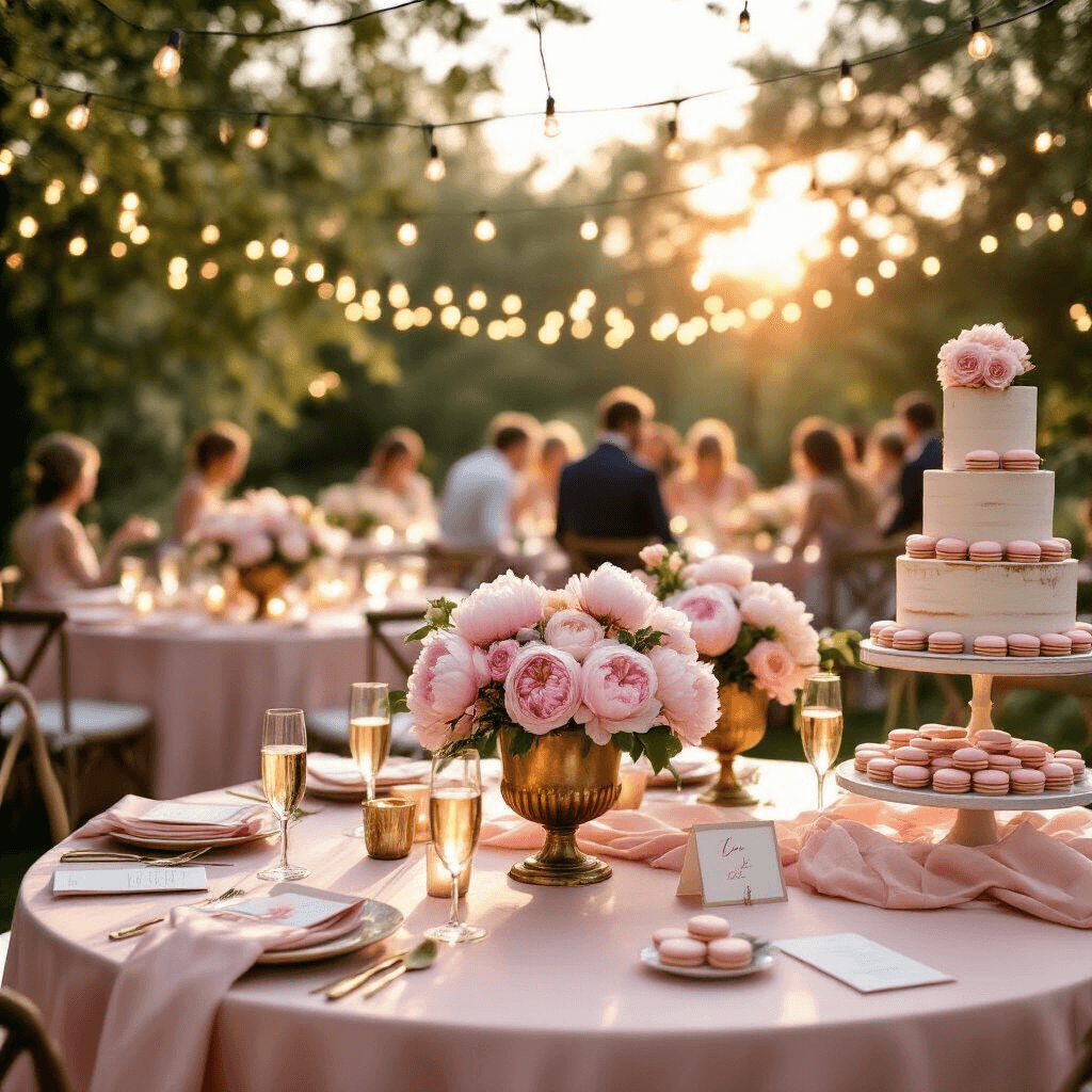 How to Draw Balloons: A Step-by-Step Guide for Beginners and Artists A golden hour garden party with blush pink silk table linens, antique brass vases filled with peonies and roses, fairy lights glowing overhead, guests mingling near a dessert cart with pastel macarons and a tiered naked cake, and champagne flutes reflecting soft sunlight.