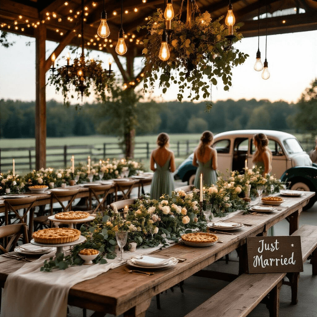 How to Draw Balloons: A Step-by-Step Guide for Beginners and Artists A rustic-chic barn wedding reception at twilight, featuring long farmhouse tables with ivory runners, vintage china, and lush eucalyptus and wildflower garlands. Warm glows from Edison bulb chandeliers and fairy lights illuminate the space. A dessert table displays pies on mismatched stands, while a hand-painted sign points to the dance floor. Bridesmaids in mismatched sage dresses chat near a vintage getaway car with 'Just Married' signage, all captured from an elevated angle.