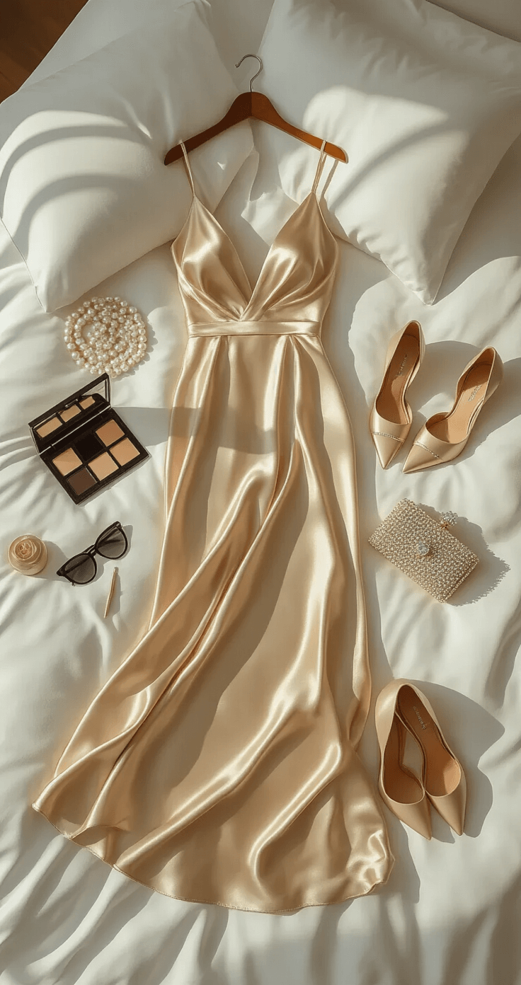 How to Rock a Satin Evening Gown: A Real Girl's Guide to Timeless Elegance Aerial view of a modern minimalist bedroom featuring early morning light casting shadows, with a champagne satin gown draped on a white duvet, accompanied by pearl stud earrings, a crystal-embellished clutch, nude stilettos, and neatly arranged makeup products and styling tools.