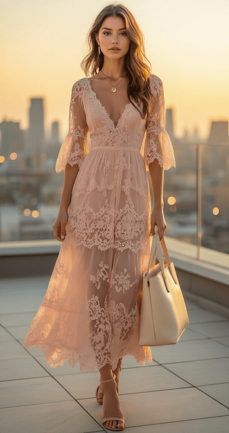 The Ultimate Guide to Styling a Lace Midi Dress with Sheer Sleeves: From Day to Night A model in a blush pink lace midi dress poses on a sunlit urban rooftop terrace at golden hour, with the city skyline in the background and soft bokeh effect from city lights, styled with nude sandals and a cream leather tote.