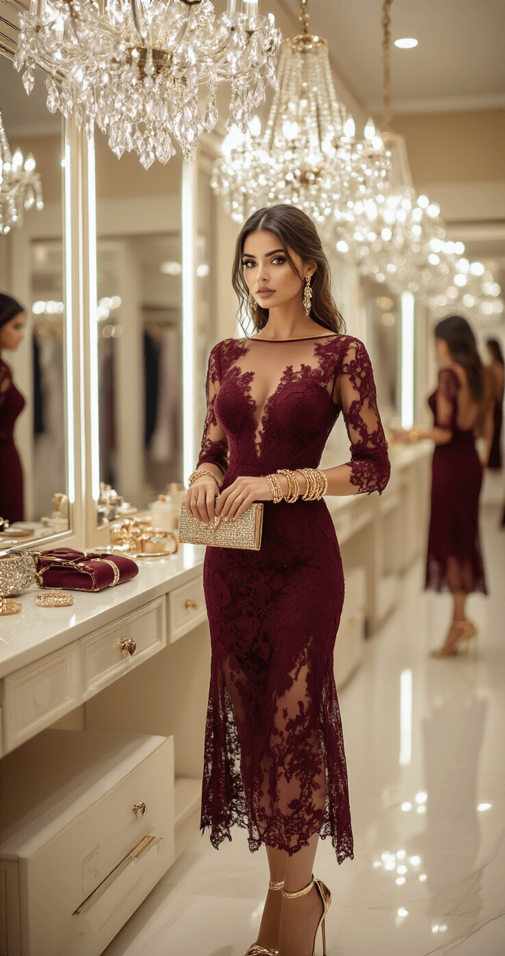 The Ultimate Guide to Styling a Lace Midi Dress with Sheer Sleeves: From Day to Night Close-up of a woman in a luxurious boutique dressing room trying on a burgundy lace midi dress, accessorized with layered gold bracelets, a sparkly clutch, and metallic stilettos, with soft lighting from chandeliers and mirror reflections enhancing the intricate details of the outfit.