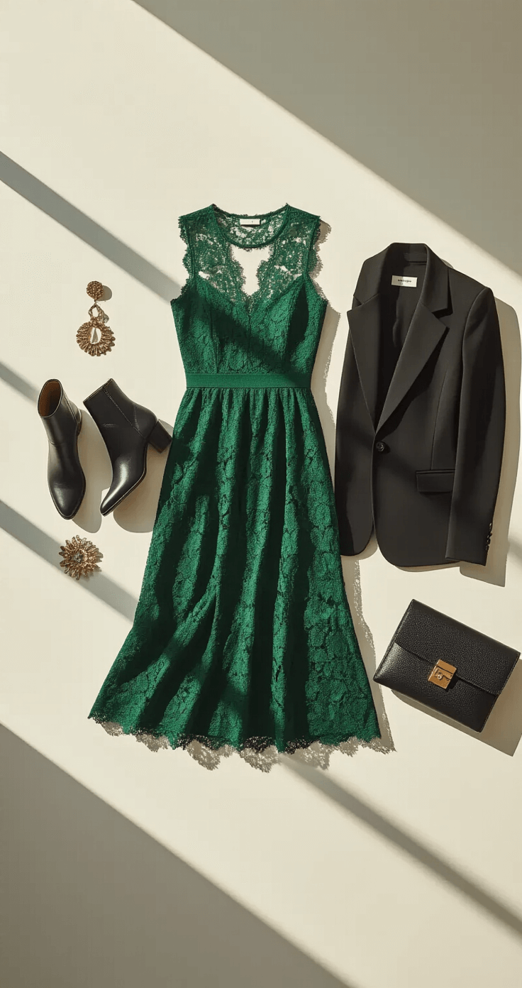 The Ultimate Guide to Styling a Lace Midi Dress with Sheer Sleeves: From Day to Night Minimalist white studio space filled with morning light, showcasing a fashion flat lay of an emerald green lace midi dress paired with ankle boots, a black blazer, statement earrings, and a textured leather clutch, arranged in a wide shot from above with soft shadows highlighting the textures.