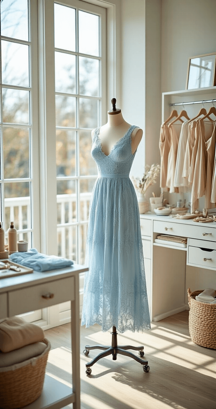 The Ultimate Guide to Styling a Lace Midi Dress with Sheer Sleeves: From Day to Night A bright dressing room featuring floor-to-ceiling windows with natural light, showcasing a stylist steaming a powder blue lace midi dress on a dress form, surrounded by an organized vanity with styling tools, nude undergarments, and neatly arranged jewelry options.