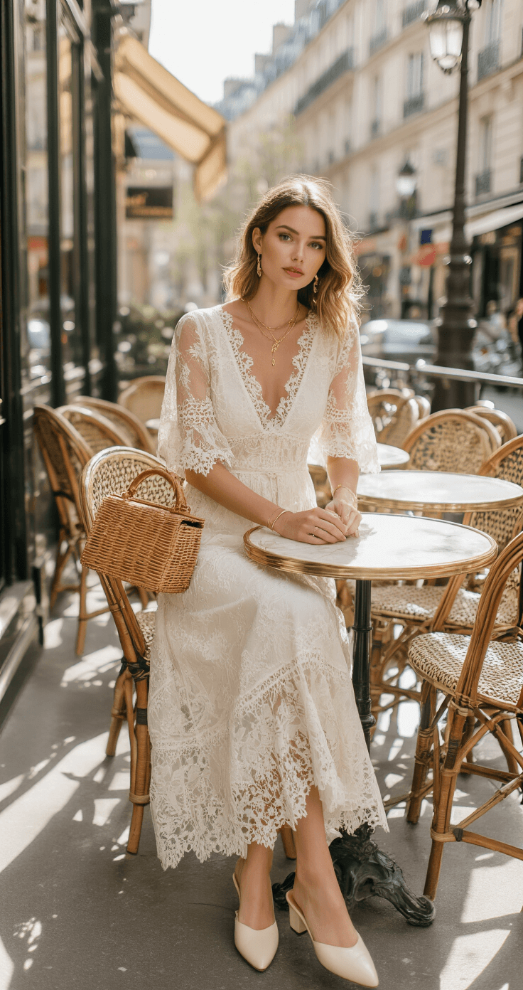 The Ultimate Guide to Styling a Lace Midi Dress with Sheer Sleeves: From Day to Night A woman in an ivory lace midi dress with sheer sleeves sits at a Parisian café terrace, wearing minimal gold jewelry and cream mules, with a vintage wicker handbag on the bistro table. Soft backlight enhances the dress's transparency effects.