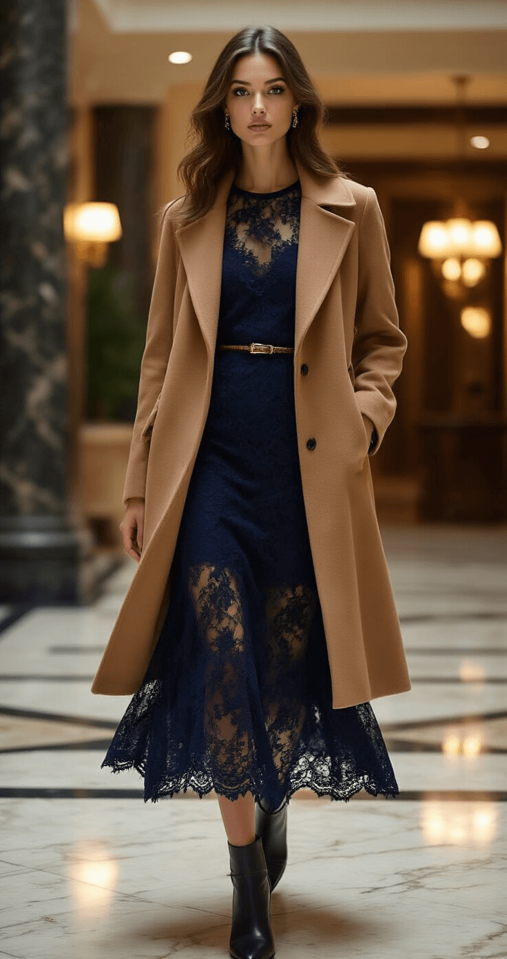 The Ultimate Guide to Styling a Lace Midi Dress with Sheer Sleeves: From Day to Night A model in a navy lace midi dress and camel wool coat poses mid-motion in an elegant hotel lobby with marble floors, showcasing the contrast between fabric textures, illuminated by warm evening lighting with professional strobe and ambient fill.