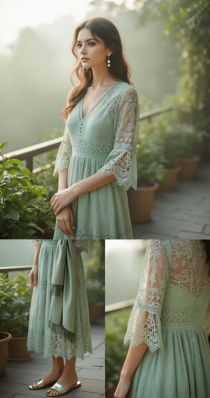 The Ultimate Guide to Styling a Lace Midi Dress with Sheer Sleeves: From Day to Night A close-up shot of a sage green lace midi dress on a garden terrace in the early morning mist, showcasing intricate sleeve construction and fabric texture, styled with pearl drop earrings, a silk scarf, and metallic flat sandals, captured with macro lens to emphasize lace details and sheerness under natural diffused lighting.