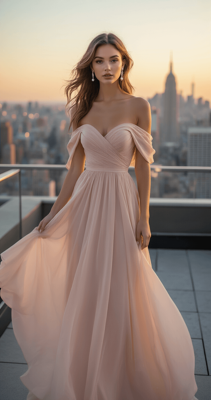 HOW TO ROCK AN OFF-THE-SHOULDER PASTEL GOWN: YOUR COMPLETE STYLE A model in a flowing blush pink off-shoulder gown poses on an elegant rooftop terrace during golden hour, with the NYC skyline in the background. Her hair is styled in loose waves adorned with pearl accents, and she wears minimal diamond drop earrings. The soft evening breeze makes her dress move gracefully, while her natural makeup enhances her glow. The shot is from a slight low angle, capturing a dreamy bokeh effect.