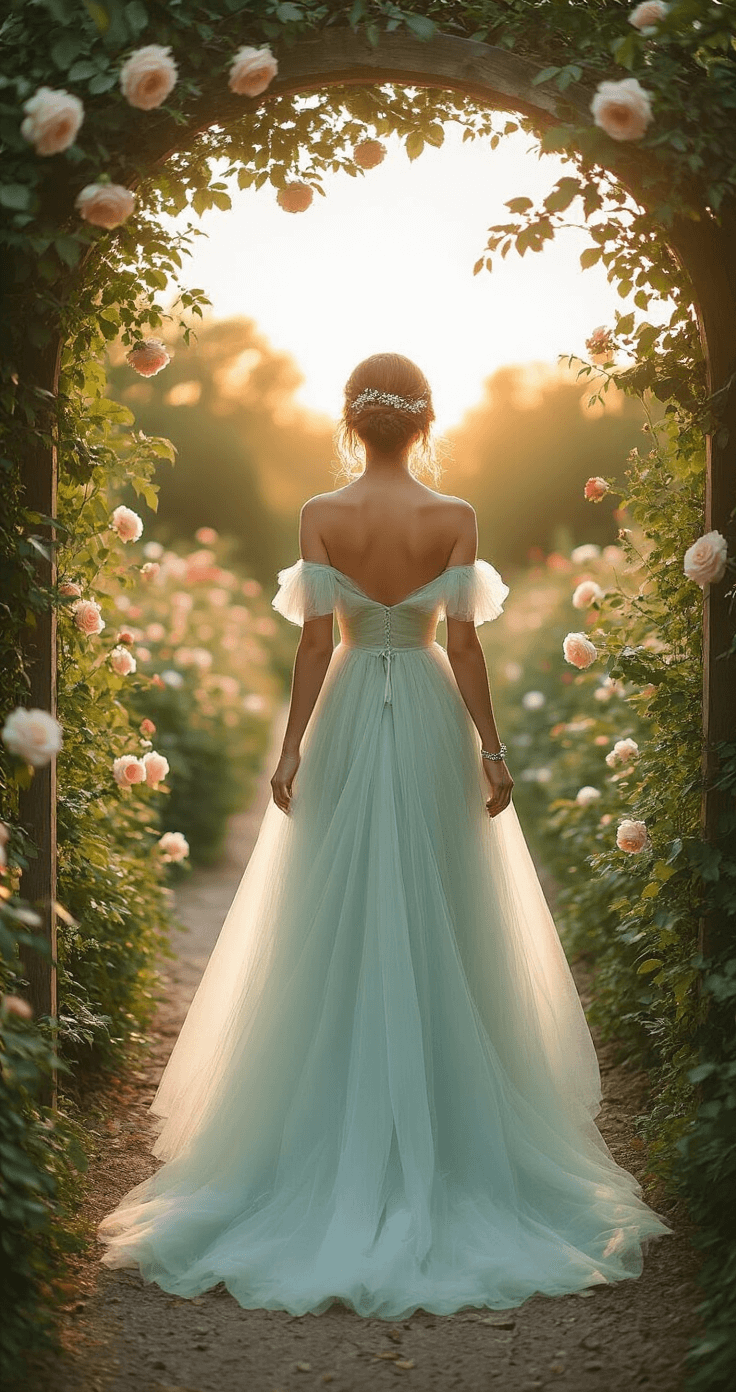 HOW TO ROCK AN OFF-THE-SHOULDER PASTEL GOWN: YOUR COMPLETE STYLE A model in a mint green off-shoulder tulle gown walks through a rose arbor at a garden wedding venue during sunset, with a soft updo adorned with baby's breath. The delicate silver bracelet catches the light, and neutral stilettos are visible beneath the gown's hem. The image is shot from behind, highlighting the shoulder detail and hair styling in a dreamy, backlit scene with natural lens flare.