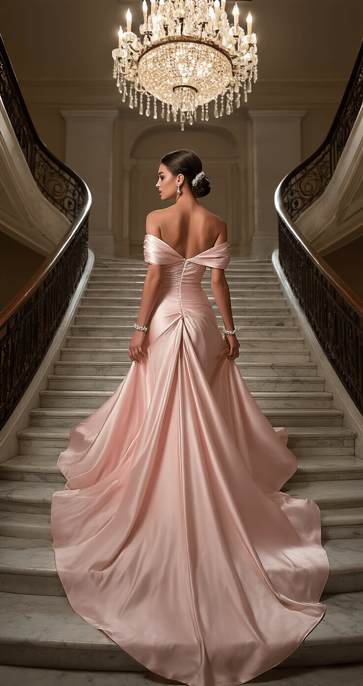 HOW TO ROCK AN OFF-THE-SHOULDER PASTEL GOWN: YOUR COMPLETE STYLE A model in a powder pink off-shoulder satin gown descends a marble staircase in a grand ballroom, her hair styled in a classic chignon adorned with pearl accents. Diamond stud earrings and a single bracelet sparkle in the chandelier light, while dramatic architectural elements frame the scene, capturing the full movement of her dress.