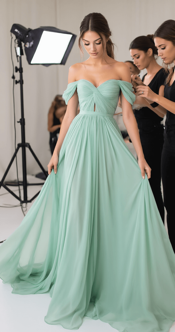 HOW TO ROCK AN OFF-THE-SHOULDER PASTEL GOWN: YOUR COMPLETE STYLE Intimate backstage scene at a fashion show featuring a model in a seafoam green off-shoulder chiffon gown receiving final adjustments from a styling team, with a makeup artist performing touch-ups, all captured in a documentary style with selective focus on clothing details and a pastel color palette.