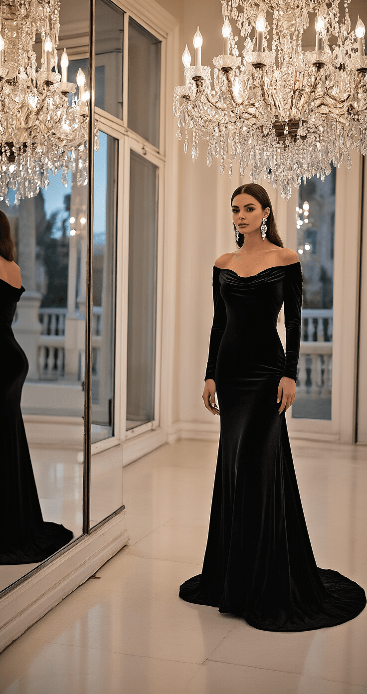 The Ultimate Guide to Rocking a High-Slit Velvet Gown A full-length portrait of a model in a black velvet gown with a cowl neckline stands in an opulent ballroom at dusk, adorned with diamond drop earrings that shimmer in the chandelier light. The reflection in the mirror subtly reveals seamless nude undergarments, while professional studio lighting provides a soft fill.