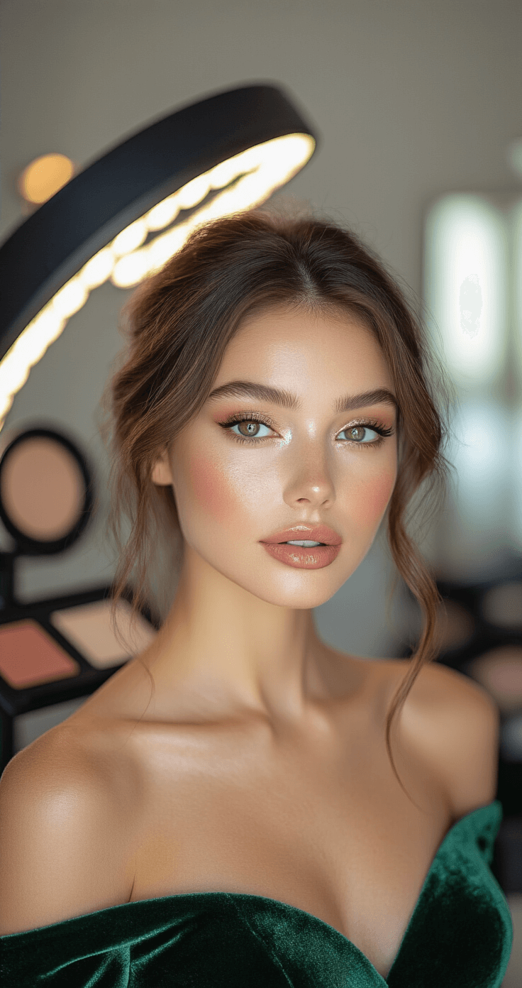 The Ultimate Guide to Rocking a High-Slit Velvet Gown Close-up of shimmer-dusted collarbones and shoulders in a forest green velvet gown, with a contemporary makeup studio featuring ring lights and professional setup in the background.