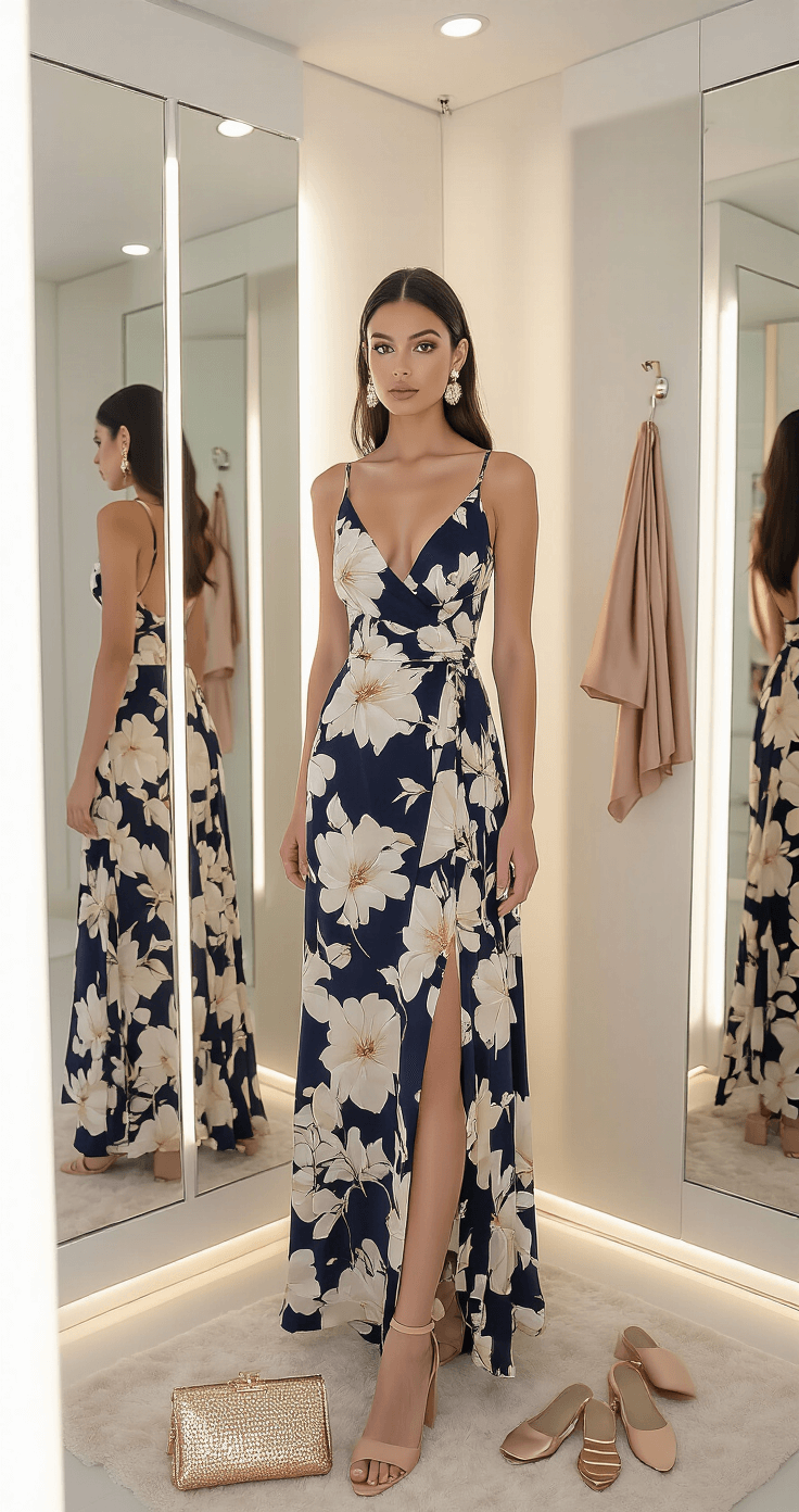 How to Rock a Floral Maxi Dress: Your Ultimate Style Guide for 2024 A modern minimalist boutique dressing room featuring a floor-to-ceiling mirror and soft ambient lighting, showcasing a close-up of a petite frame wearing a navy and cream floral empire-waist maxi dress with nude block heels. The reflection shows seamless nude undergarments, while scattered accessories like statement earrings, a metallic clutch, and a silk wrap are arranged nearby. The shot is straight-on, highlighting the outfit's fit and styling details.