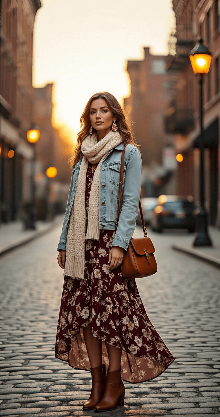 How to Rock a Floral Maxi Dress: Your Ultimate Style Guide for 2024 A model in a burgundy and cream floral maxi dress, layered with a distressed denim jacket and brown leather ankle boots, stands at a sunset-lit cobblestone street corner in a historic district, complemented by a chunky knit cream scarf, copper earrings, and a cognac leather shoulder bag, all illuminated by the warm glow of a streetlamp.