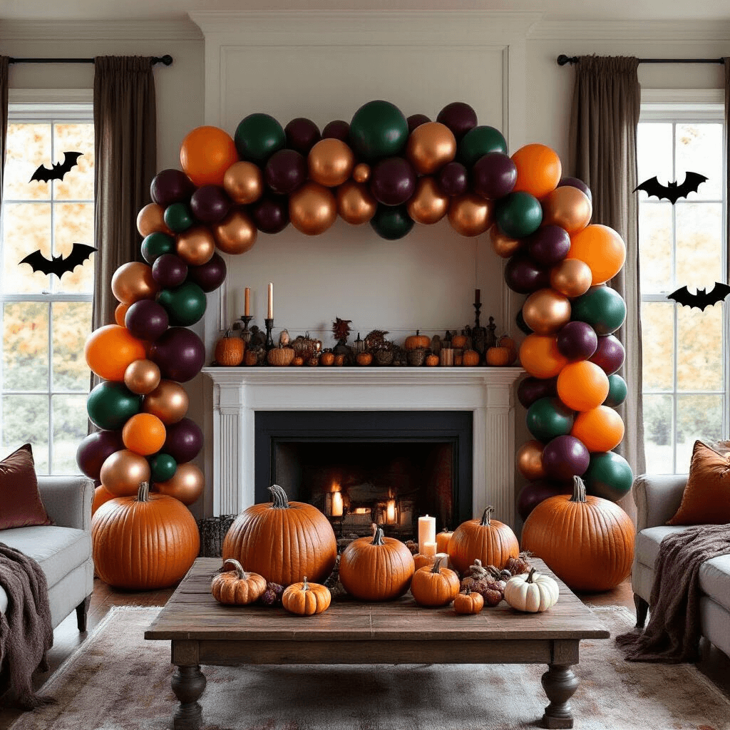 Spooky and Spectacular: The Ultimate Guide to Halloween Balloons A cozy autumnal living room decorated for a Halloween gathering, featuring a grand fireplace with a jewel-toned balloon garland, oversized round balloons resembling pumpkins on a rustic coffee table, and sheer curtains revealing bat-shaped balloons outside the windows.