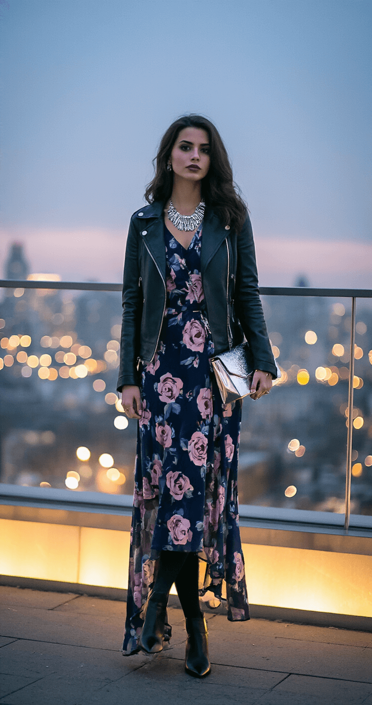 How to Rock a Floral Maxi Dress: Your Ultimate Style Guide for 2024 A stylish woman in a navy and rose floral maxi dress layered with a fitted black leather jacket stands on a contemporary rooftop lounge during twilight. She wears black opaque tights and pointed ankle boots, with a statement silver necklace and structured metallic evening bag. The city lights create a bokeh background, captured from street level for a dramatic urban perspective.
