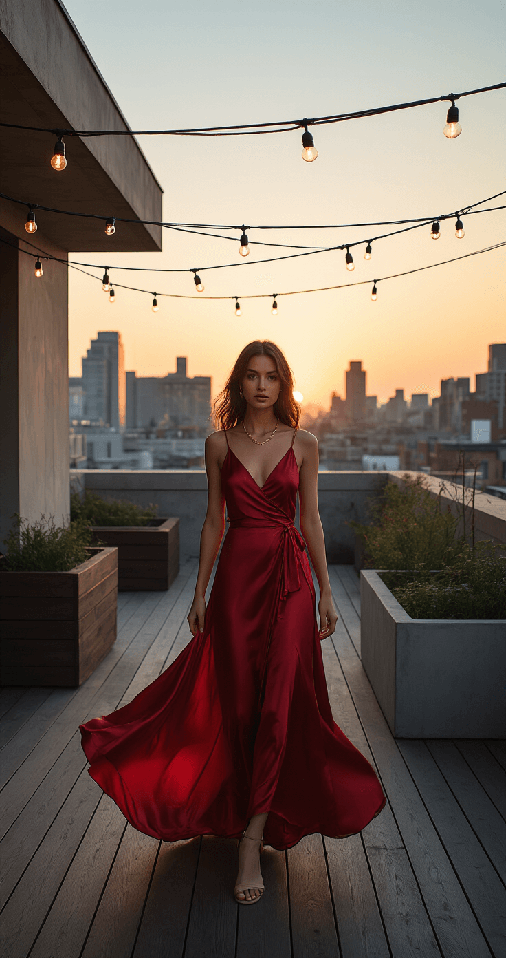 JEWEL TONE SATIN WRAP DRESSES: YOUR ULTIMATE STYLE FOR 2024 A model in a ruby red satin wrap dress stands on a modernist rooftop terrace at sunset, with twinkling string lights overhead. The dress flows gently in the breeze, complemented by gold chain necklaces and nude strappy sandals, against a backdrop of urban architecture, dark wooden decking, and concrete planters.