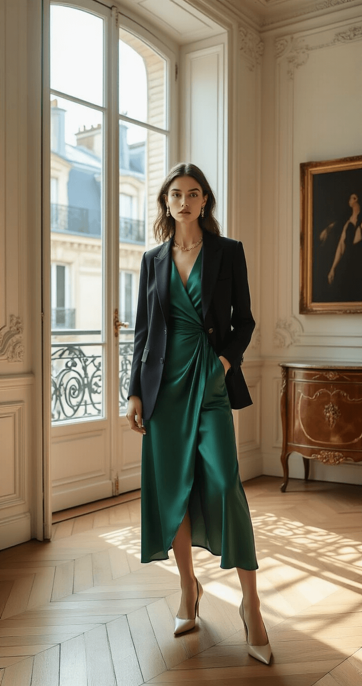 JEWEL TONE SATIN WRAP DRESSES: YOUR ULTIMATE STYLE FOR 2024 A stylish model in an emerald satin wrap dress and black blazer stands in a chic Parisian apartment, showcasing herringbone floors and ornate moldings, with mid-morning light flooding through tall windows, accented by vintage furniture and modern art.