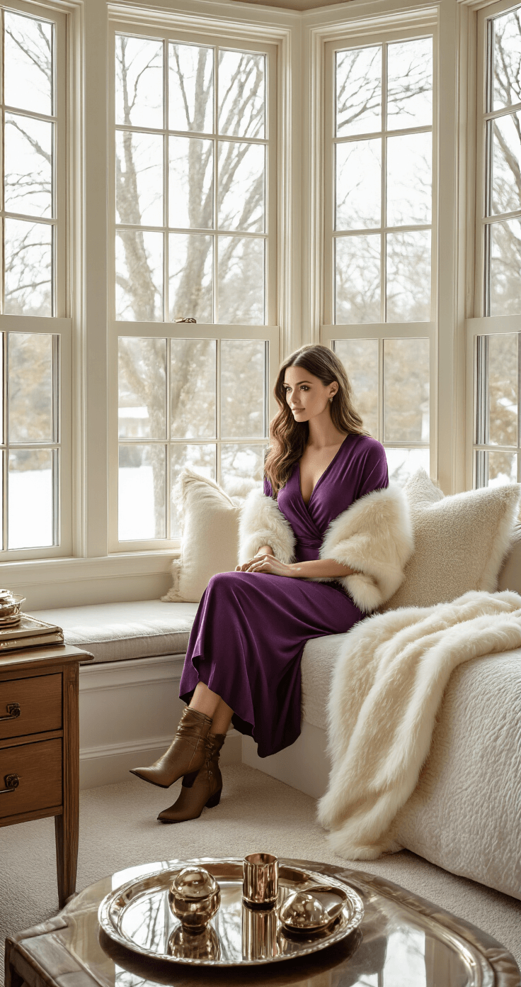 JEWEL TONE SATIN WRAP DRESSES: YOUR ULTIMATE STYLE FOR 2024 Cozy master bedroom featuring bay windows with a window seat, adorned with an amethyst wrap dress and a cream faux fur stole. The warm atmosphere is enhanced by metallic accessories on a mirrored tray, cashmere throws, elegant boots, and rich textures from wooden furniture and plush carpeting, all illuminated by soft afternoon light.
