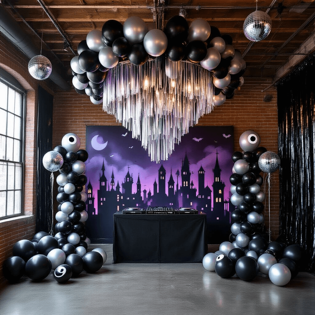 Spooky and Spectacular: The Ultimate Guide to Halloween Balloons A chic Halloween disco in a modern loft, featuring a stunning balloon chandelier, a haunted cityscape balloon mural, a smoke-filled DJ booth, and clusters of oversized black balloons with white 'eyes', surrounded by metallic fringe curtains and mirror balls.