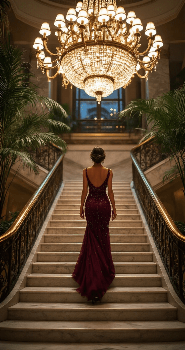 How to Rock a Beaded Cocktail Dress: Your Complete Style A woman in a burgundy beaded cocktail dress ascends a grand marble staircase in a sophisticated hotel lobby at twilight, with her dress sparkling in the warm chandelier light. The scene features art deco architectural details, potted palms, and polished brass railings, captured dramatically from below.