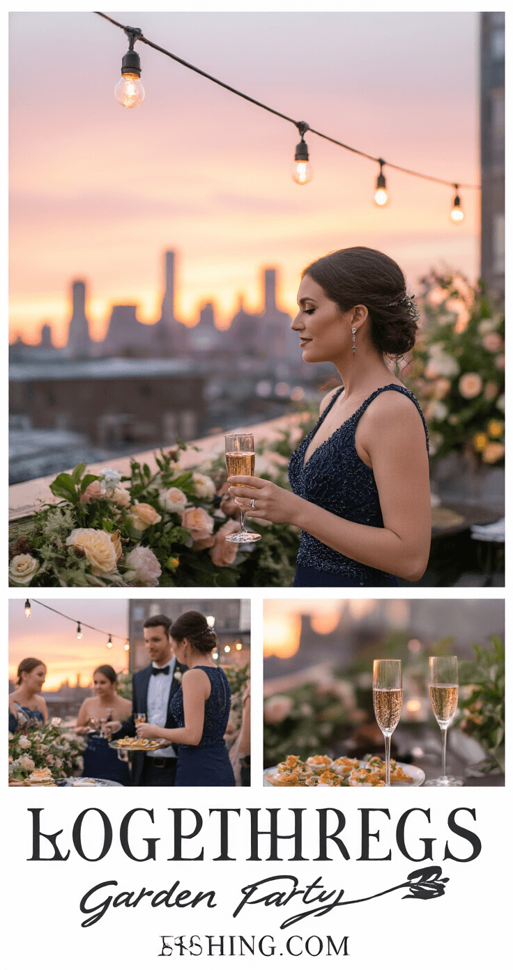 How to Rock a Beaded Cocktail Dress: Your Complete Style A glamorous rooftop garden party at sunset featuring a woman in a navy beaded cocktail dress mingling with well-dressed guests, illuminated by string lights and surrounded by floral arrangements, with a backdrop of a pink-orange sky and urban skyline. Crystal champagne flutes and hors d'oeuvres enhance the elegant atmosphere, captured with a telephoto lens for a soft bokeh effect.