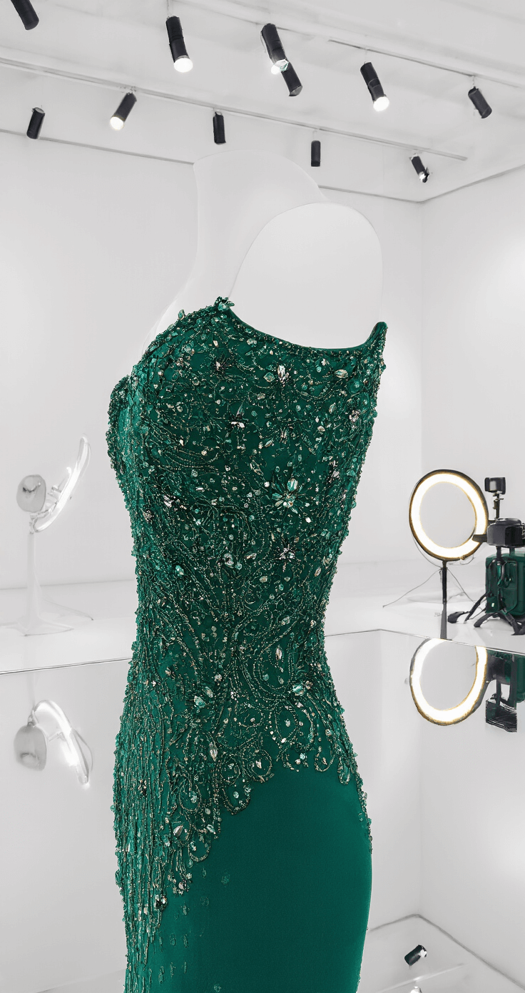 The Ultimate Guide to Rocking a Strapless Mermaid Gown: From Fitting to Flawless Close-up of an emerald green mermaid gown showcasing intricate beading against a shapewear edge, with professional styling tools artistically arranged nearby. The shot features dramatic spot lighting and macro lens detail, with a ring light illuminating crystalline elements, all reflected in a tethered shooting setup.