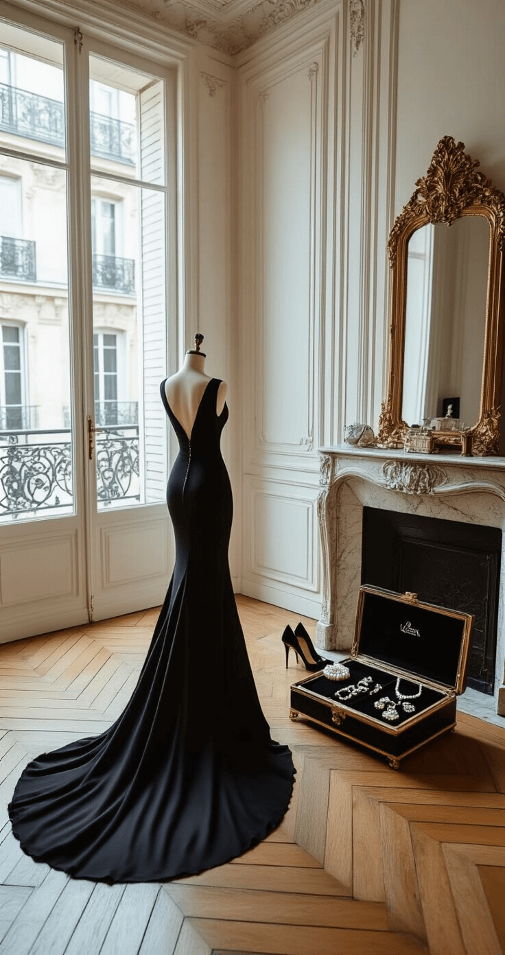 The Ultimate Guide to Rocking a Strapless Mermaid Gown: From Fitting to Flawless A spacious classic Parisian apartment features herringbone floors and ornate mirrors, where a black mermaid gown is being steamed amidst luxury accessories including a pearl clutch, stilettos, and an open vintage jewelry box displaying selected pieces, all illuminated by natural light from French doors and additional professional lighting, captured in a wide-angle shot.