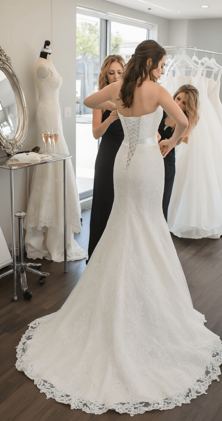 The Ultimate Guide to Rocking a Strapless Mermaid Gown: From Fitting to Flawless Close-up of a bridal salon fitting expert adjusting a white mermaid gown with a built-in corset, champagne bar in the background, captured in intimate documentary style with high detail resolution.