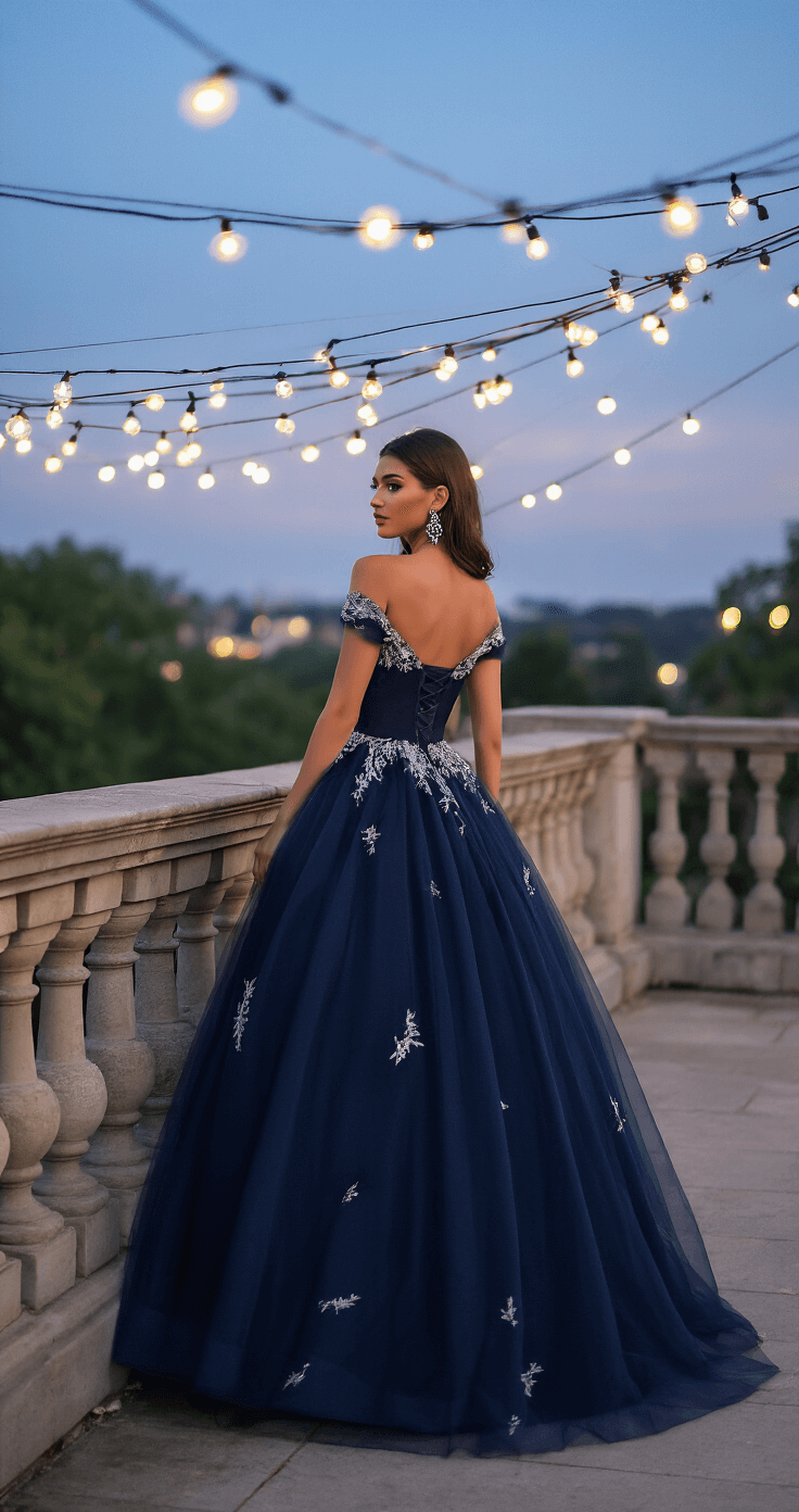 The Magic of Tulle Layered Ball Gowns: Your Ultimate Style Guide A model in a navy tulle ball gown with silver accents poses elegantly near a stone balustrade on a garden terrace at dusk, with string lights creating a bokeh effect. Minimal jewelry, including statement drop earrings that catch the evening light, complements the look, while comfortable yet elegant heels are partially visible beneath the dress hem. The shot is taken from an elevated angle, showcasing the full silhouette of the dress against a dusky sky.