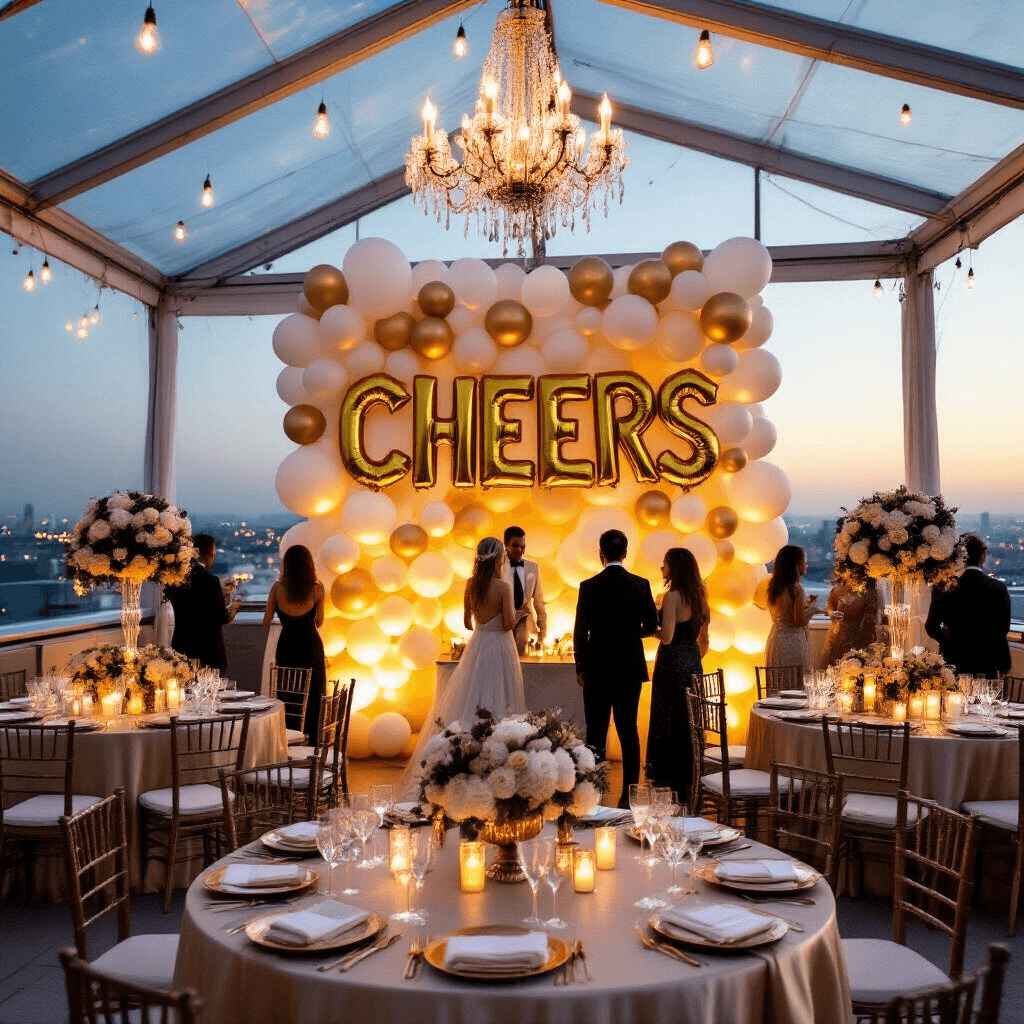 Birthday Balloons Aesthetic: Transform Your Celebration with Stunning Balloon Decor An elegant rooftop terrace party at dusk, featuring string lights, candelabras, a metallic gold and ivory balloon wall with 'CHEERS', floral centerpieces on tables, crystal chandeliers, and a marble-topped bar with geometric balloon clusters.