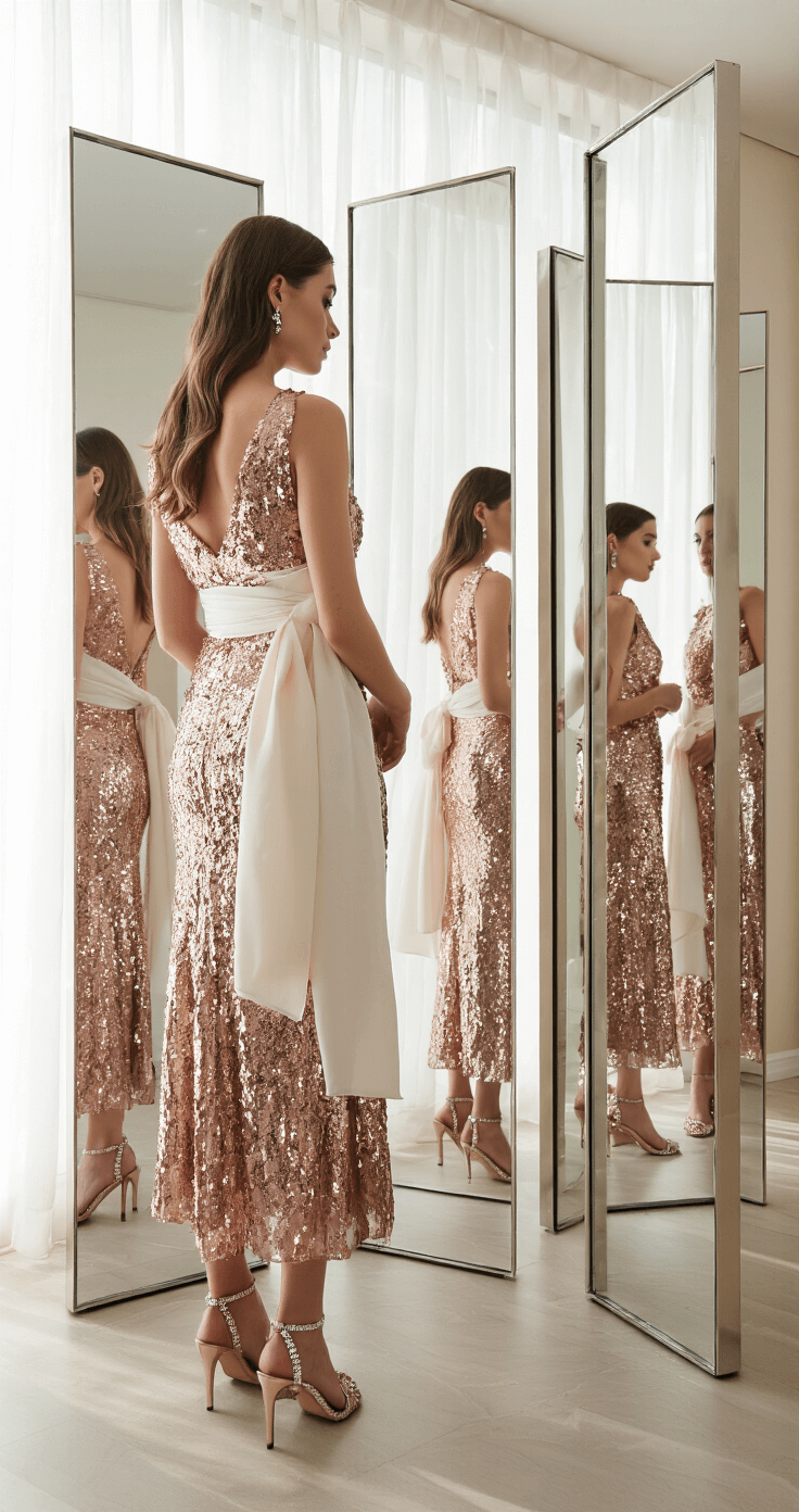 10 Ways to Rock a Sequin Midi Cocktail Dress Like a Fashion Pro A bride-to-be in a rose gold sequin midi dress stands before triple full-length mirrors in a modern bridal boutique, with a delicate ivory wrap over her shoulders and crystal-embellished heels. Natural light filters through sheer curtains, enhancing the shimmering sequins.