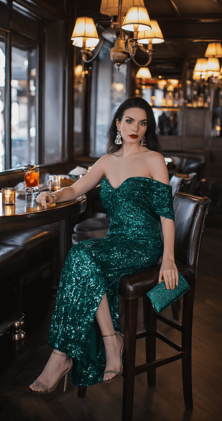 10 Ways to Rock a Sequin Midi Cocktail Dress Like a Fashion Pro A woman in an emerald green sequin midi dress sits at a high-top table in a luxe restaurant bar during blue hour, with a Manhattan cocktail and small evening clutch on the dark wood surface, all highlighted by moody lighting and a shallow depth of field.