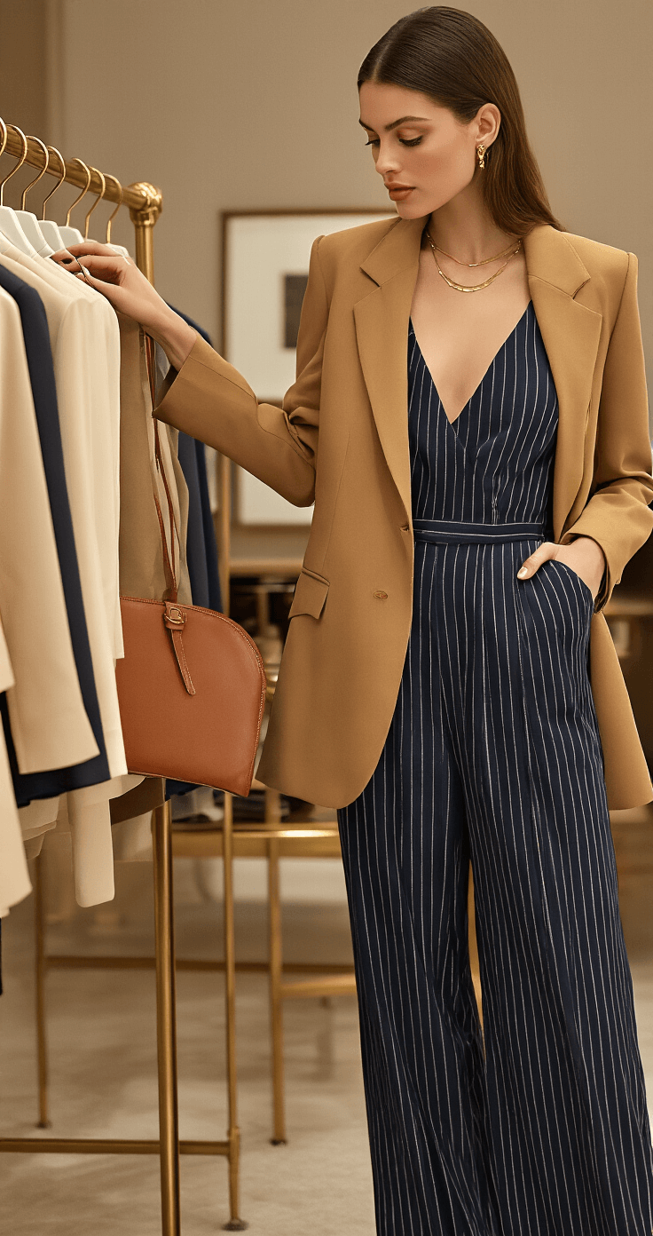 10 Stylish Ways to Rock a Wide-Leg Jumpsuit in 2025 A model in a navy pinstripe wide-leg jumpsuit and camel blazer inspects clothing on a minimal brass rack, showcasing pointed-toe slingbacks, a leather portfolio clutch, and delicate gold jewelry in a luxury boutique with warm ambient lighting.