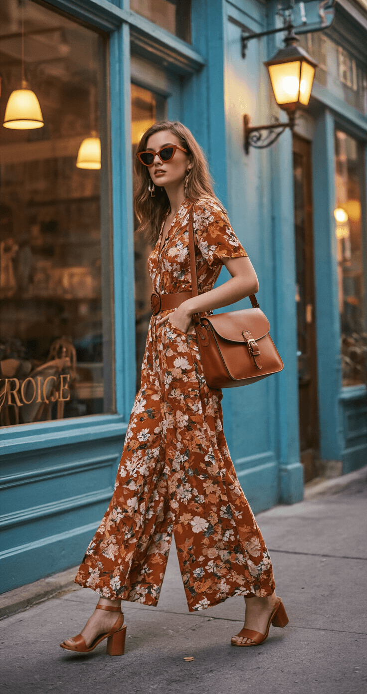10 Stylish Ways to Rock a Wide-Leg Jumpsuit in 2025 A model in a floral print wide-leg jumpsuit walks past a vintage-inspired cafe during blue hour, styled with cat-eye sunglasses and a leather satchel, as warm street lamp light highlights her figure.