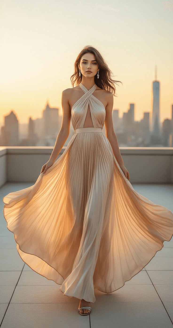 CHIC AND EFFORTLESS: YOUR COMPLETE GUIDE TO ROCKING A PLEATED HALTER-NECK GOWN Model in a flowing champagne-colored pleated halter-neck gown poses on a rooftop during sunset, with a modern city skyline behind her. The gown billows in the breeze, complemented by delicate crystal drop earrings and metallic strappy sandals. Her hair falls in elegant loose waves and natural makeup enhances her features, all captured with warm ambient lighting and a soft background focus.