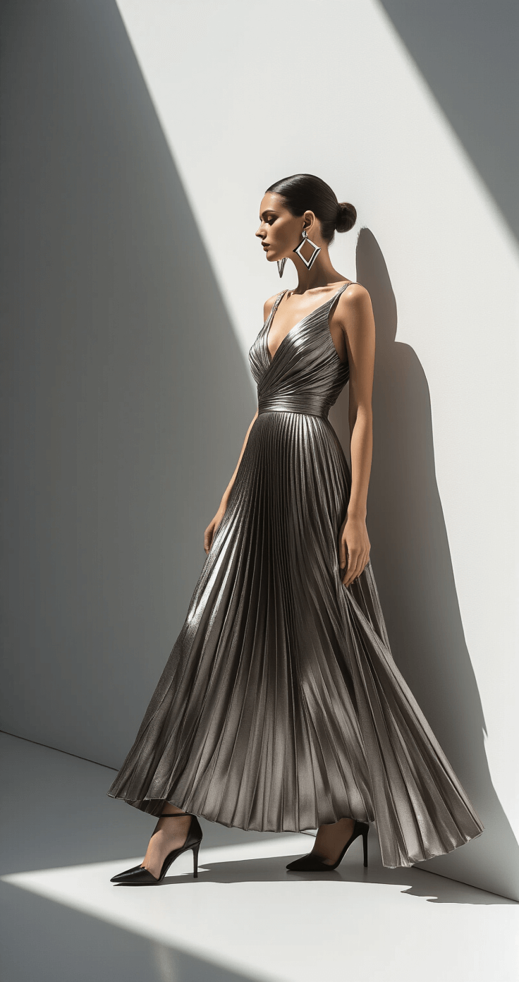 CHIC AND EFFORTLESS: YOUR COMPLETE GUIDE TO ROCKING A PLEATED HALTER-NECK GOWN Model in a metallic pewter pleated gown posing against stark white walls, with dramatic side lighting casting shadows across the dress, featuring geometric earrings, a sleek low bun, and minimal black stilettos, captured from a low angle to highlight the gown's length and movement in a clean, contemporary composition.