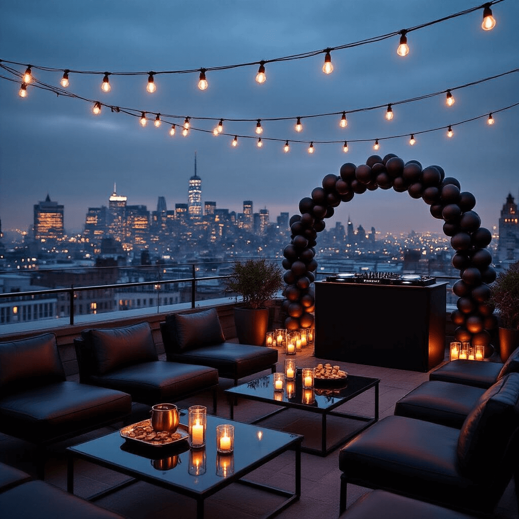House of Balloons: A Comprehensive Guide to Dark, Moody Event Styling Inspired by The Weeknd An intimate rooftop terrace at night with a cityscape backdrop, featuring soft string lights, low black leather lounge chairs, a DJ booth with a matte balloon arch, metallic accents, and flickering candles, creating a dark and luxurious atmosphere.