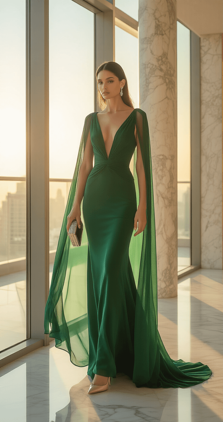 Making a Statement: Your Guide to Rocking Cape-Style Formal Dresses A model in an emerald green cape-style gown stands in a sunlit modern penthouse apartment, with floor-to-ceiling windows casting golden hour light across the marble floor. The chiffon cape billows softly around her, while minimal diamond drop earrings and a metallic clutch enhance her elegant look.