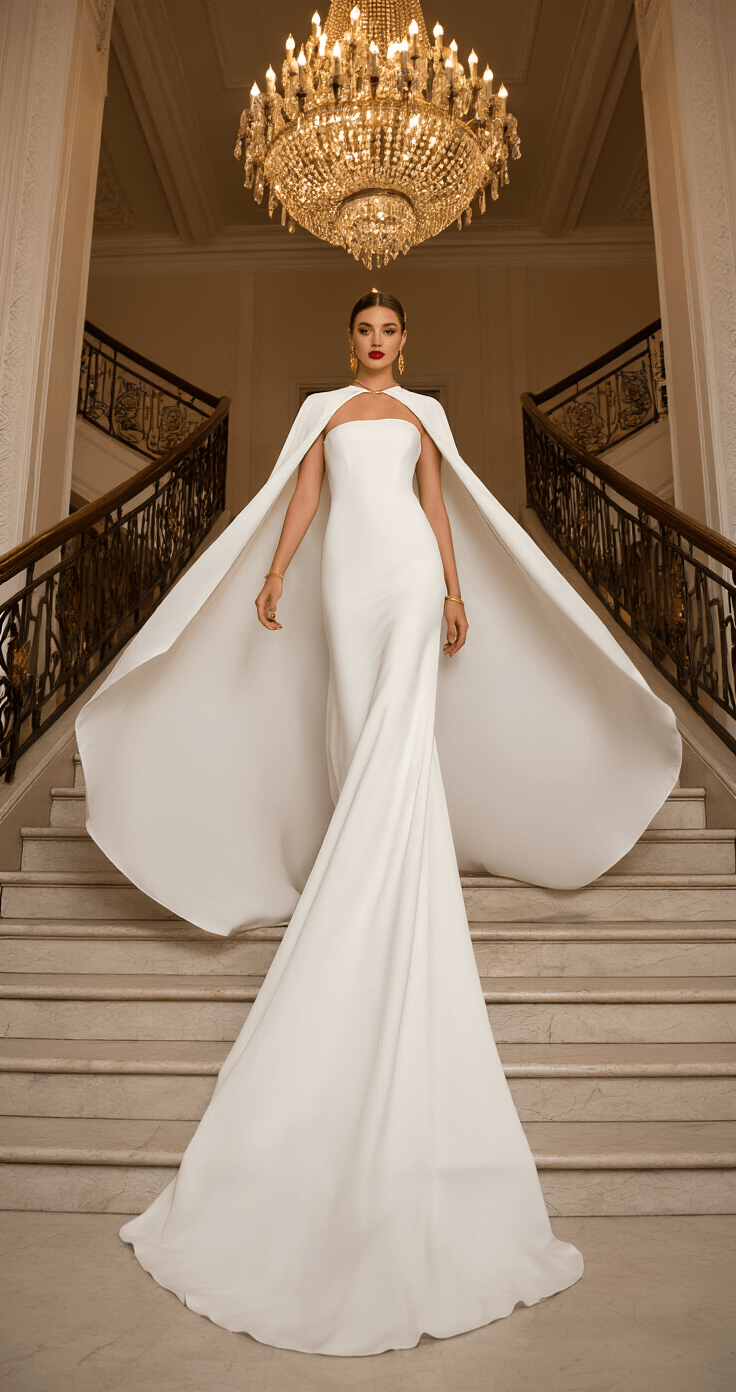 Making a Statement: Your Guide to Rocking Cape-Style Formal Dresses Model descending a grand staircase in an elegant hotel ballroom, wearing a floor-length white crepe dress with a dramatic cape, complemented by minimal gold jewelry and classic red lipstick, captured from above to highlight the cape's movement amidst natural and warm indoor lighting.