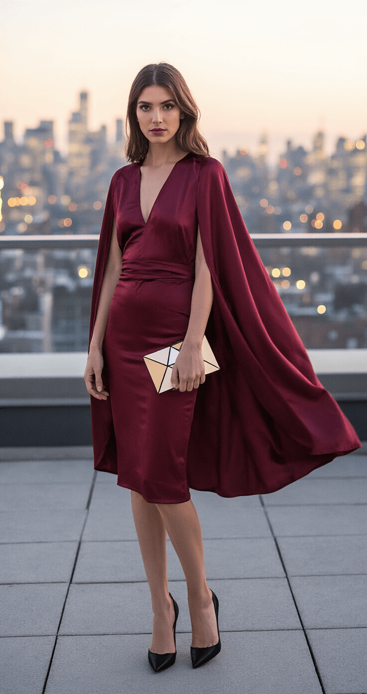 Making a Statement: Your Guide to Rocking Cape-Style Formal Dresses A woman in a burgundy silk cape-style cocktail dress poses in an urban rooftop garden at twilight, with twinkling city lights in the background. The midi-length cape billows gently in the breeze, complemented by black pointed stilettos and a geometric clutch. The image features a shallow depth of field highlighting the dress details.