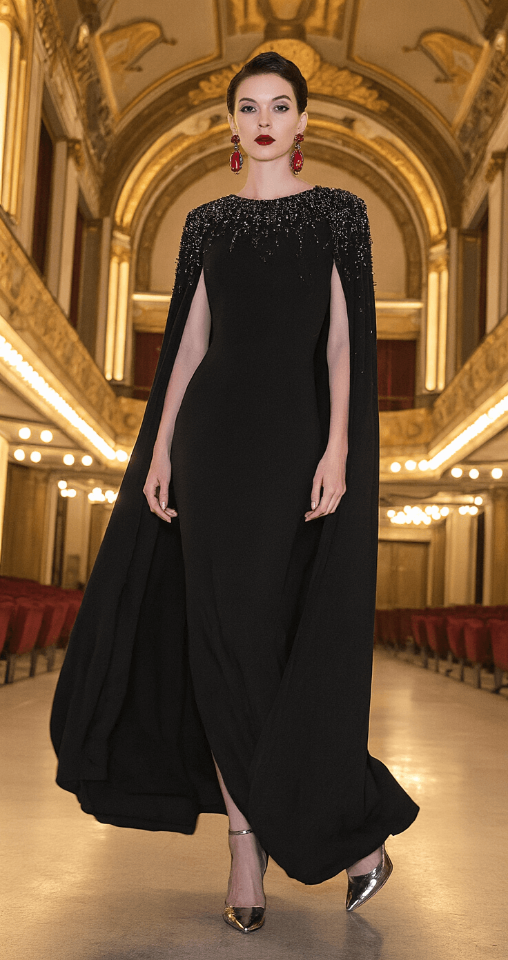 Making a Statement: Your Guide to Rocking Cape-Style Formal Dresses Opulent vintage theater lobby with art deco elements, featuring a model in a black fitted cape dress adorned with a beaded shoulder cape, statement ruby earrings, and metallic heels, captured in a wide architectural shot that highlights the grandeur of the space and the movement of the dress.